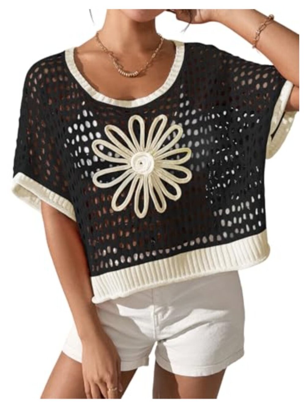 Boho Crochet Hollow Out Sweater Knit Cover Up Off Shoulder Beach Vacation Top